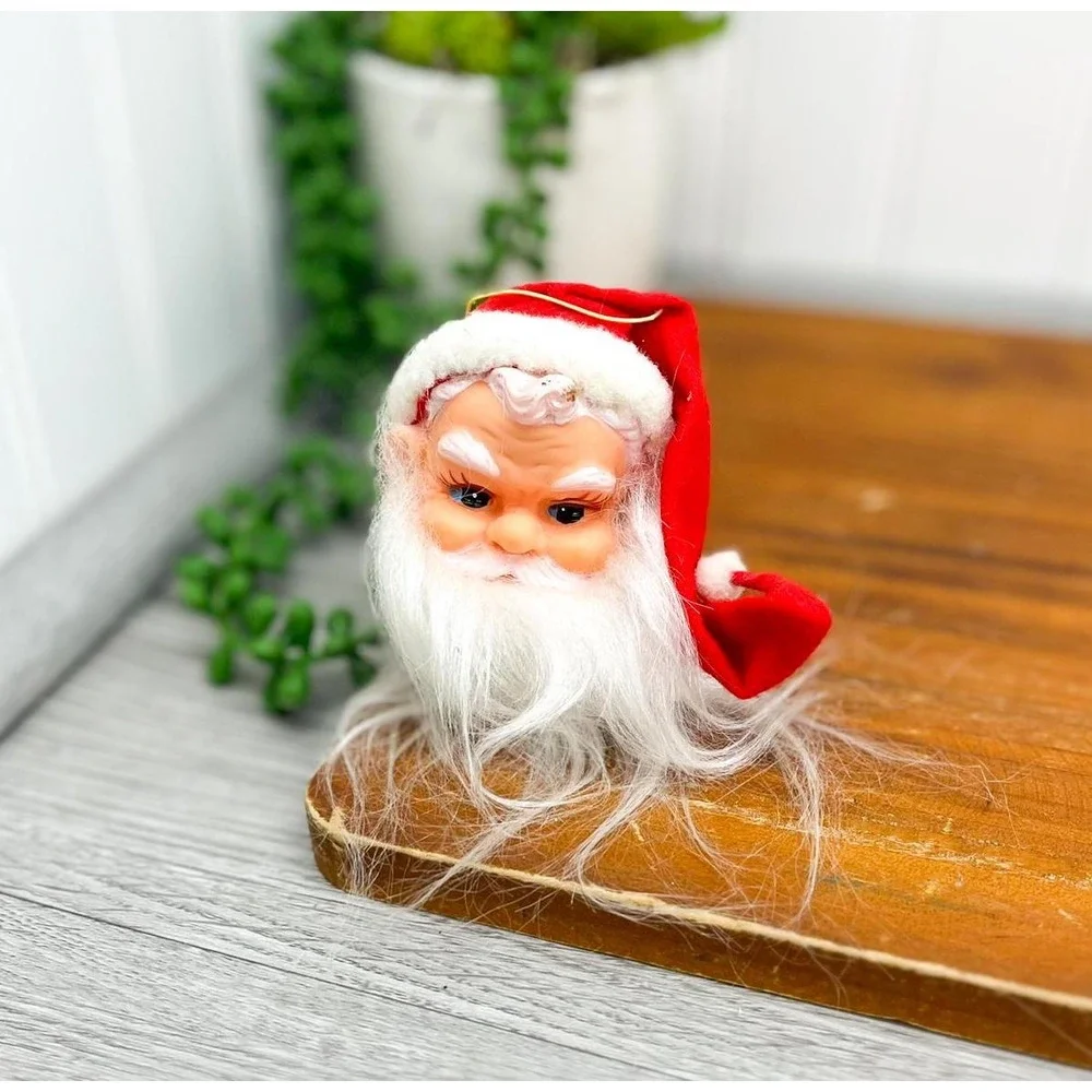 Vintage Kitschy Santa Ornament:‎ Retro Plastic Santa Head with Felt Hat